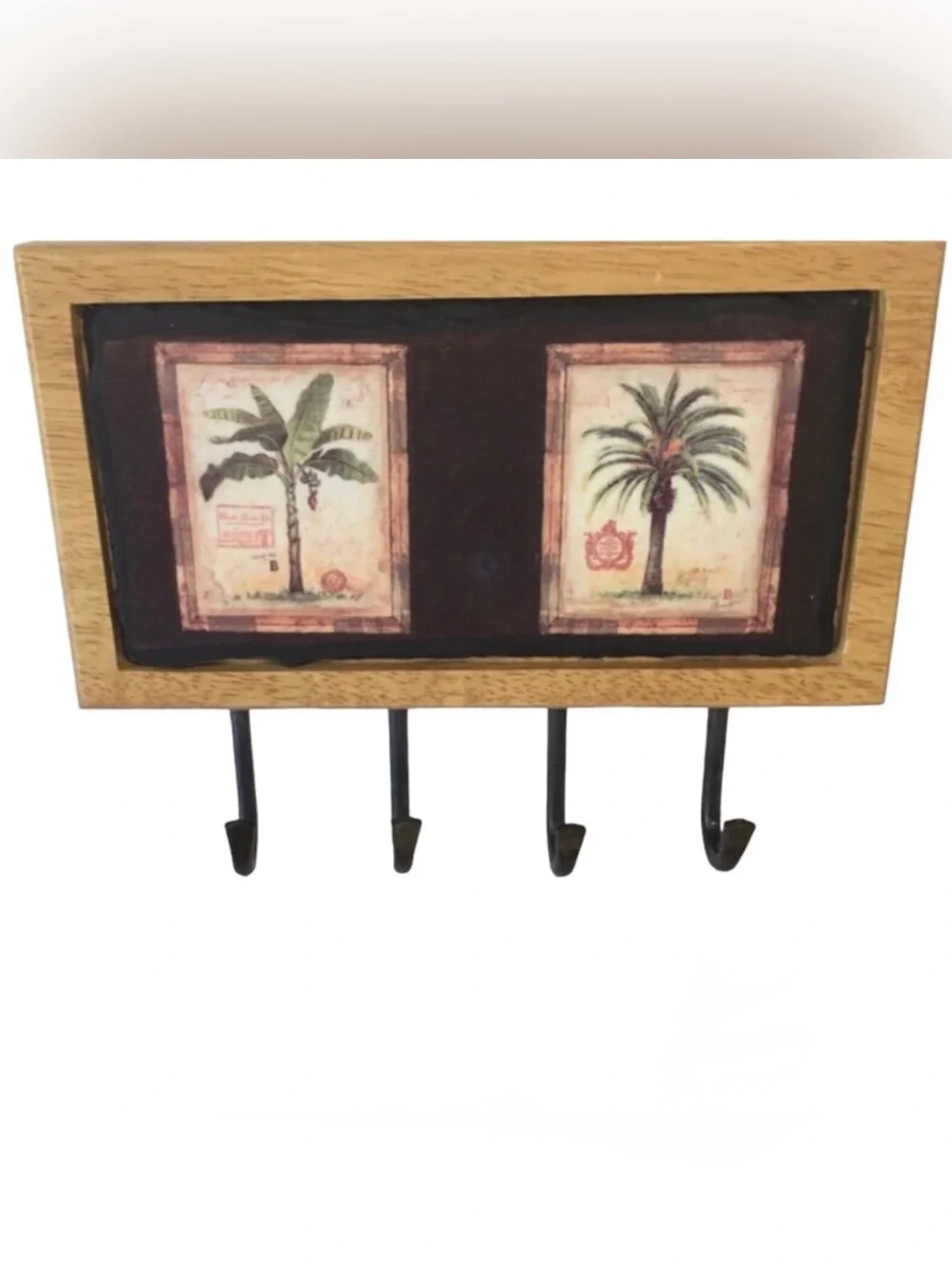 Vintage Tropical Palm & Banana Tree Wooden Wall Key Rack 4 Hooks